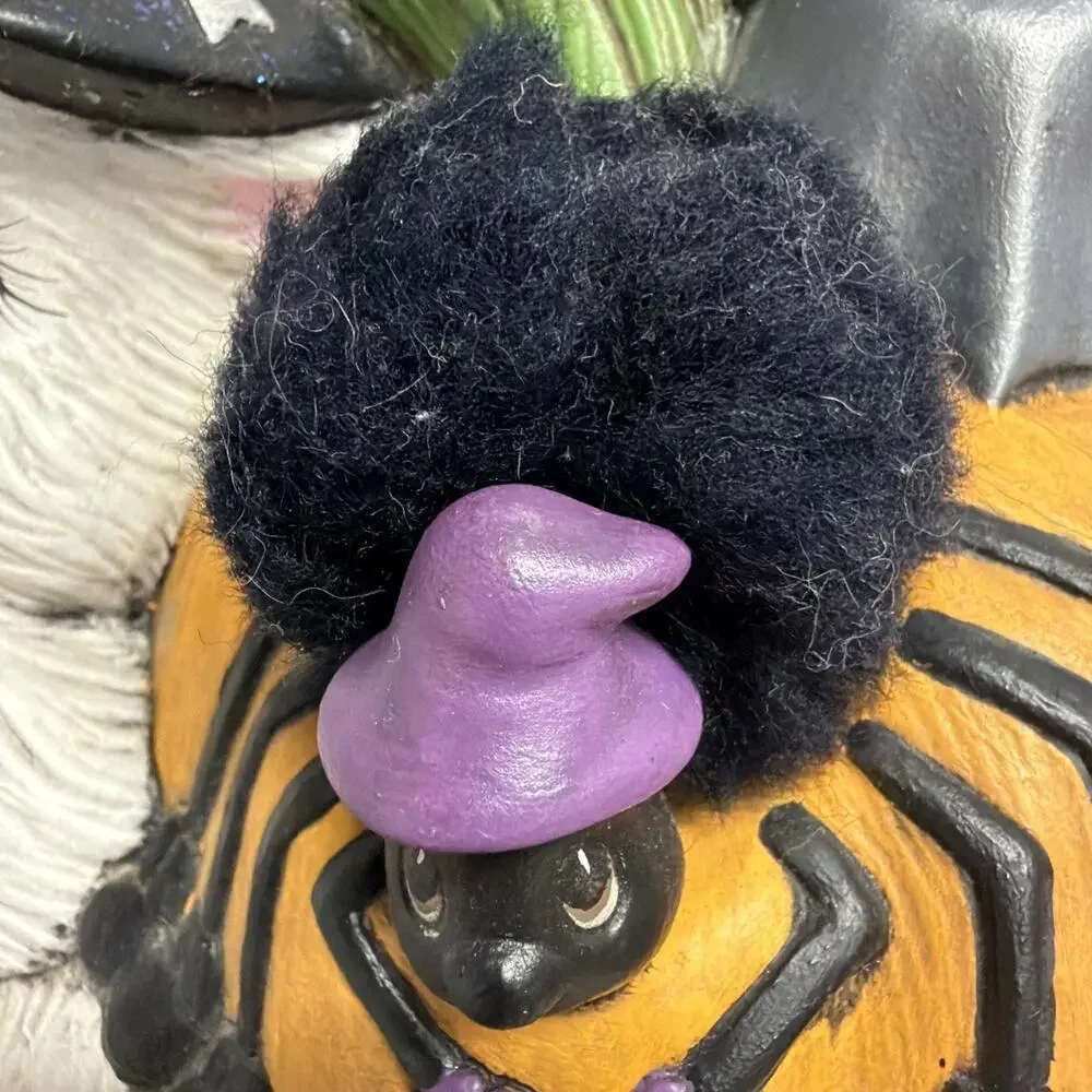 Vtg Signed Ceramic Cat Pumpkin Decor w/ Witch Hat Spider Bat Hand Painted
